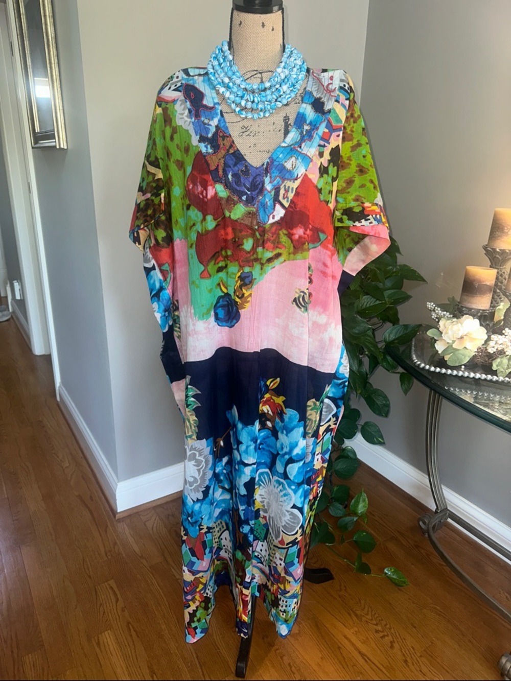 Colorful Floral V-Neck Kaftan Dress in Blue, Green & Pink NWOT one size